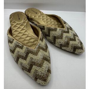 Birdies Beaded Mule Loafers Womens 7.5 Gold Cream Pointed Toe Slip On Flats